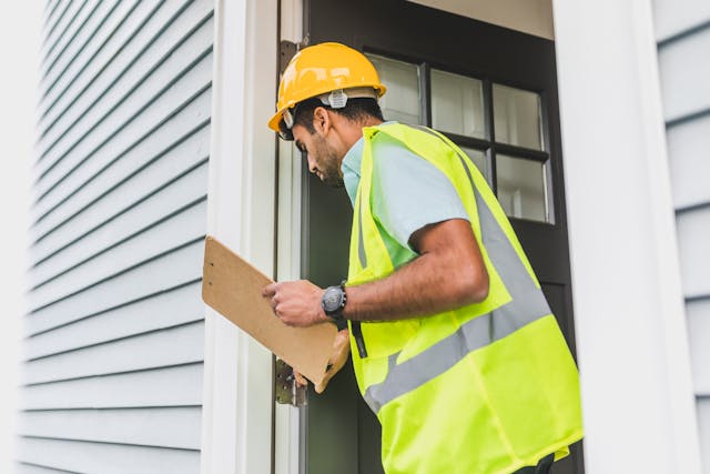 man in neon vest and hard hat inspecting front door of house while holding clipboard